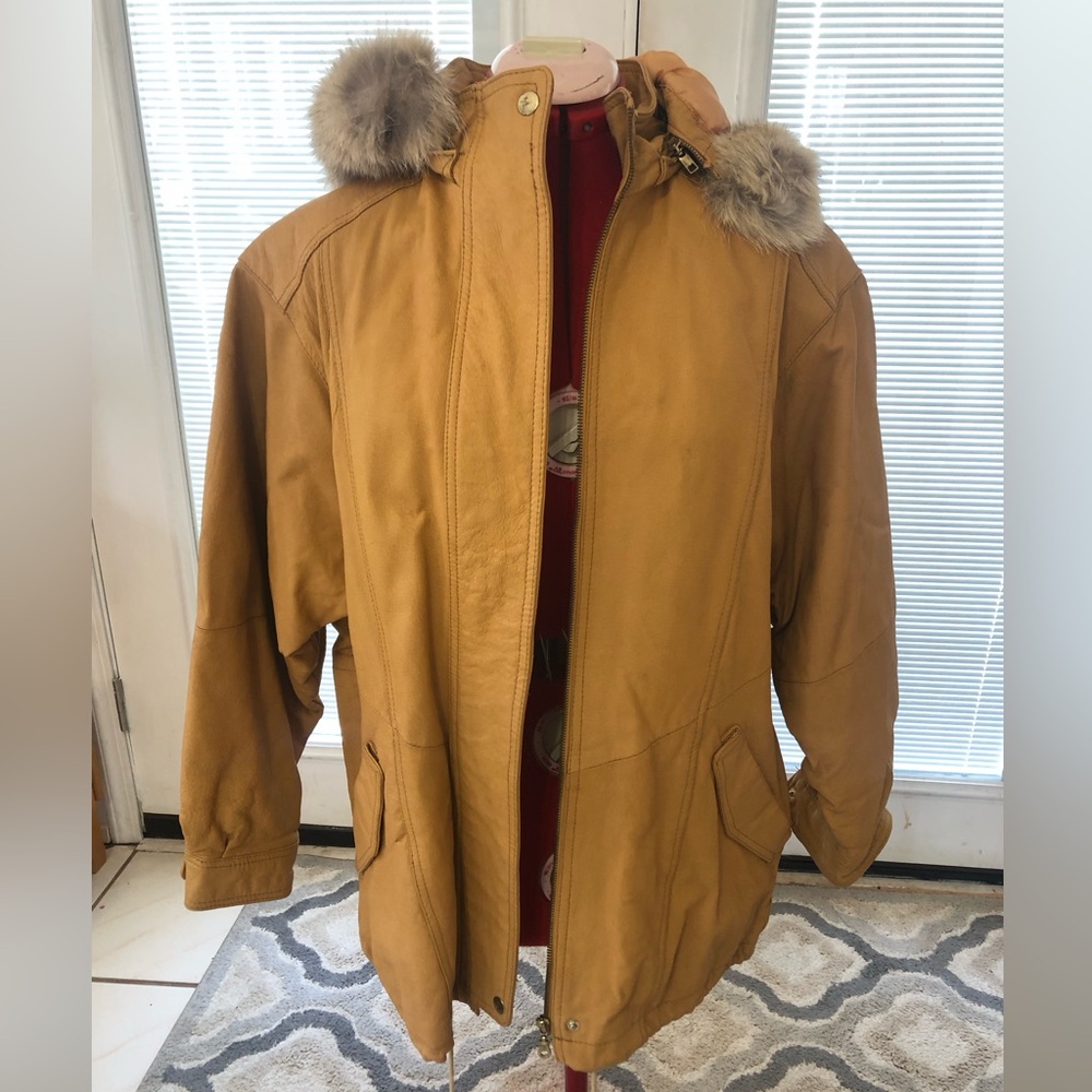 Comint Tan Leather Jacket with Faux Fur Hood